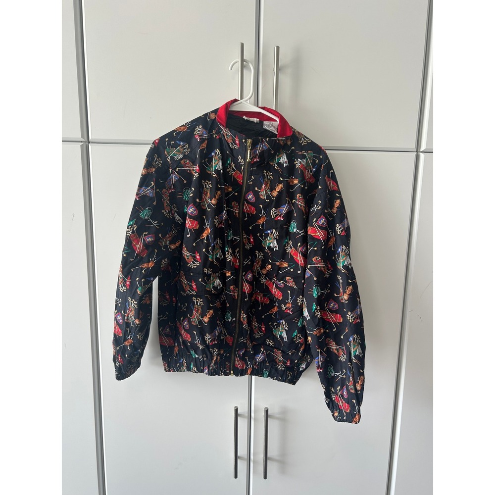 Vintage Golf Print Bomber Jacket Black Novelty Windbreaker Full Zip Mens Large